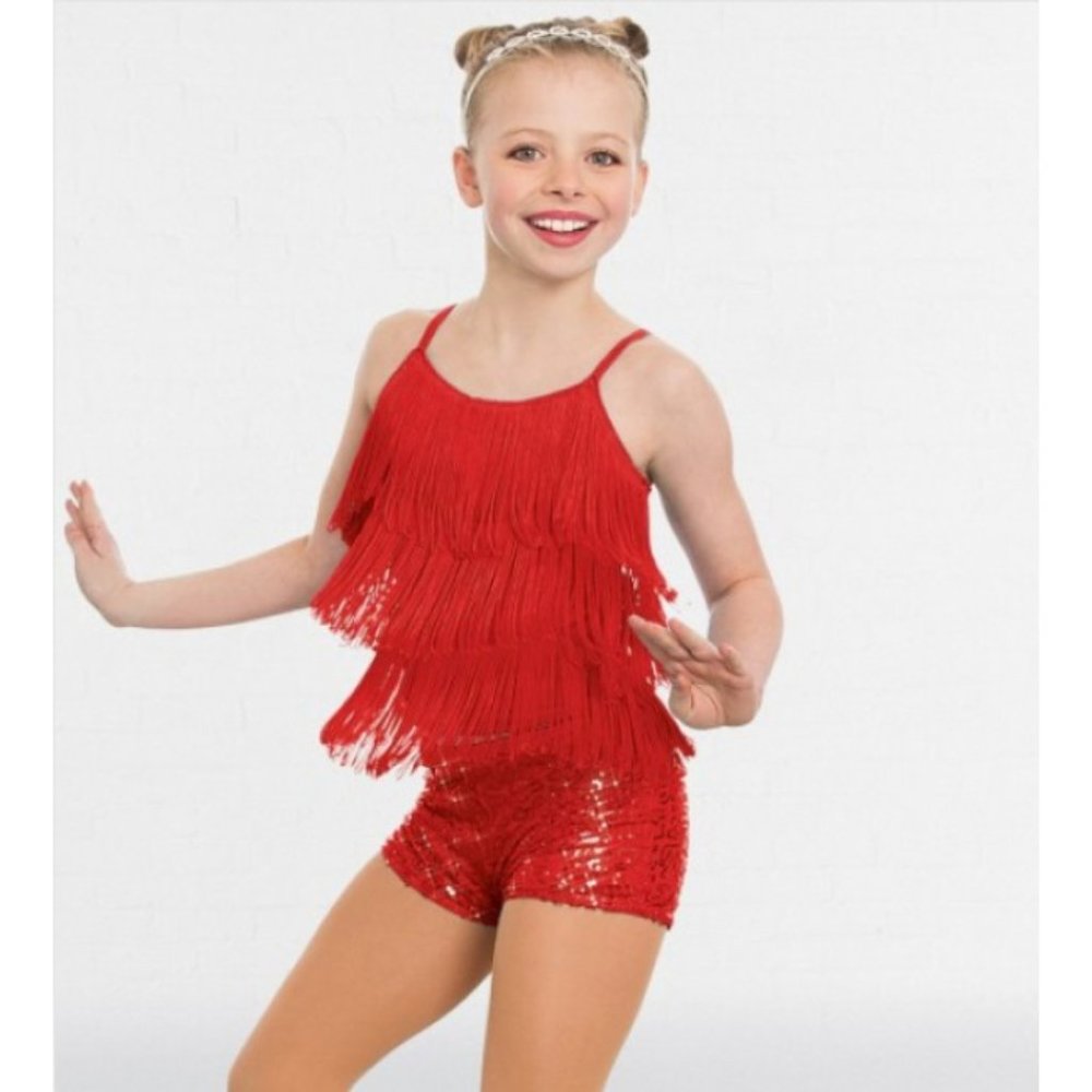 Weissman Child Medium Dance Red Fringe Sequins Leotard Shorts Sassy & Modest!